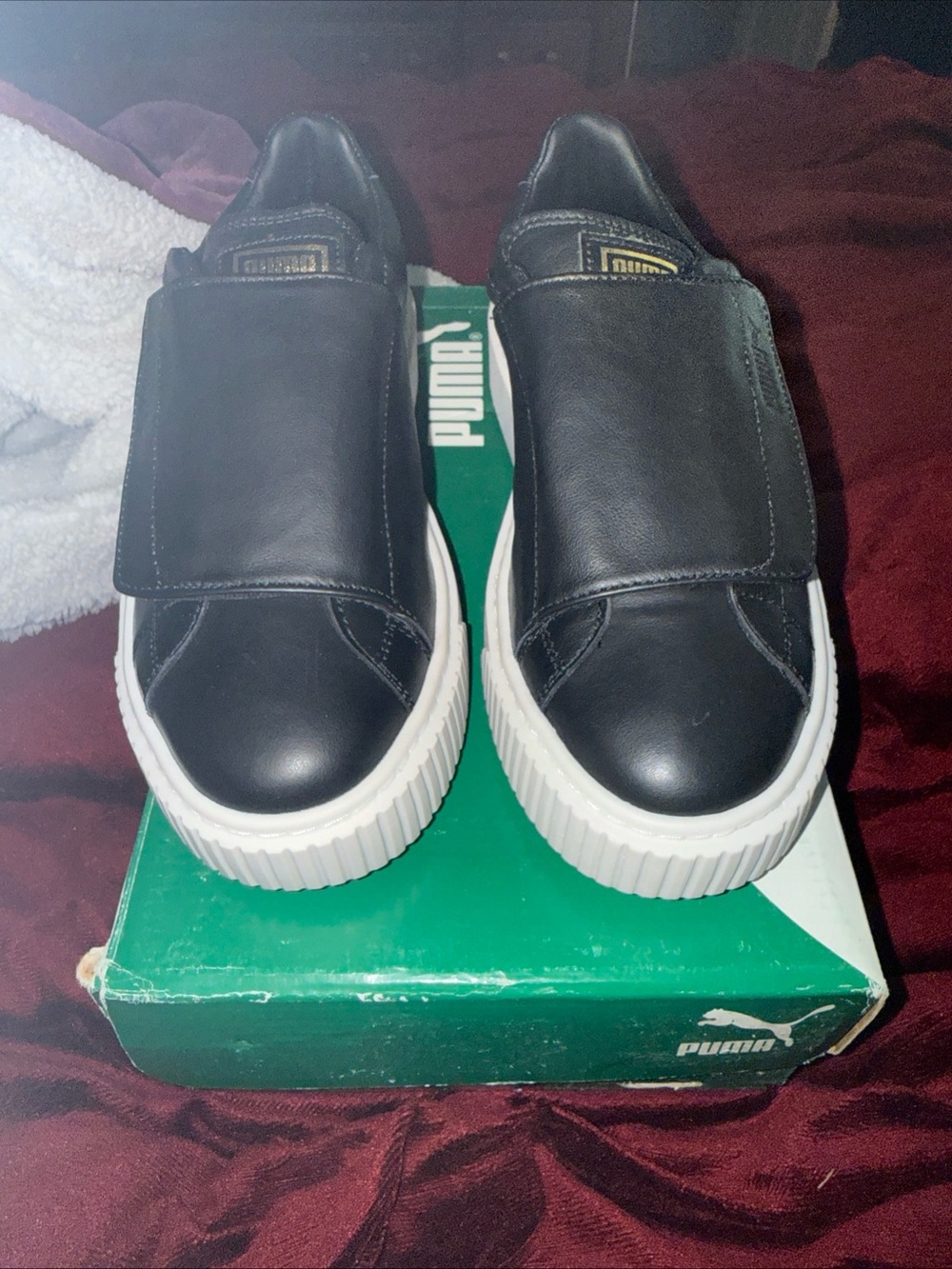 NIB Puma Black Leather Slip-On Sneakers with White Platform Womens